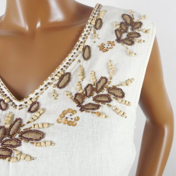 ANNE CARSON Top 2X Linen Blouse Ivory V-Neck Brown Embroidery Leaves Wood Beads - Picture 4 of 10
